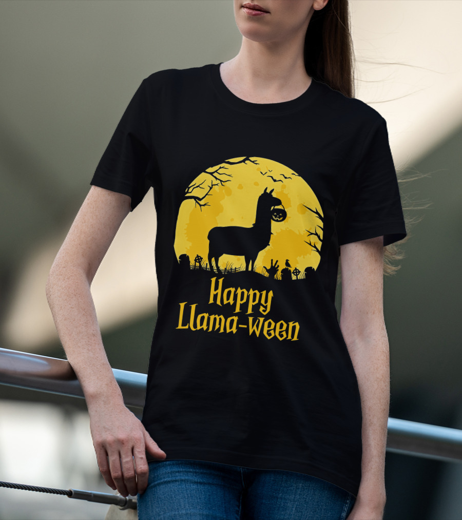 Happy Llamaween Llama Holding Pumpkin Silhouette In Spooky Halloween Scene T-Shirt