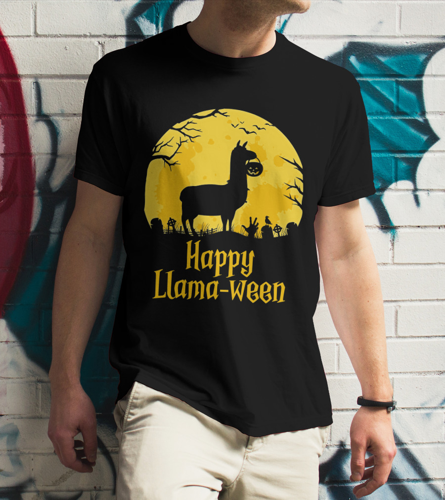 Happy Llamaween Llama Holding Pumpkin Silhouette In Spooky Halloween Scene T-Shirt