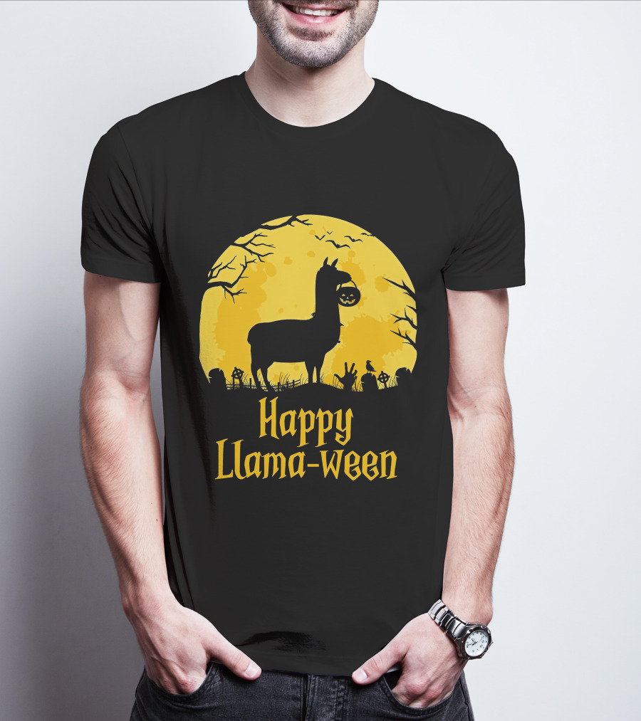 Happy Llamaween Llama Holding Pumpkin Silhouette In Spooky Halloween Scene T-Shirt
