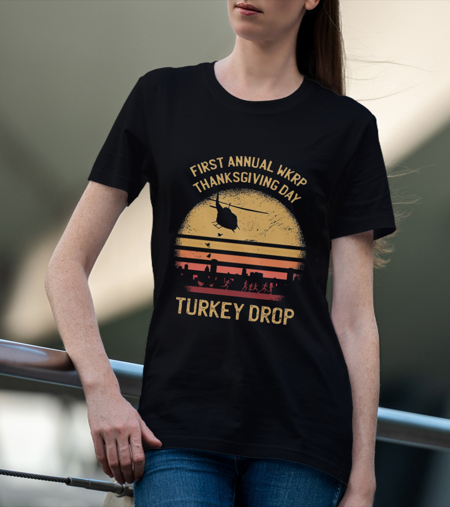 First Annual WKRP Thanksgiving Day Turkey Drop Helicopter Silhouette Vintage Sunset Scene T-Shirt