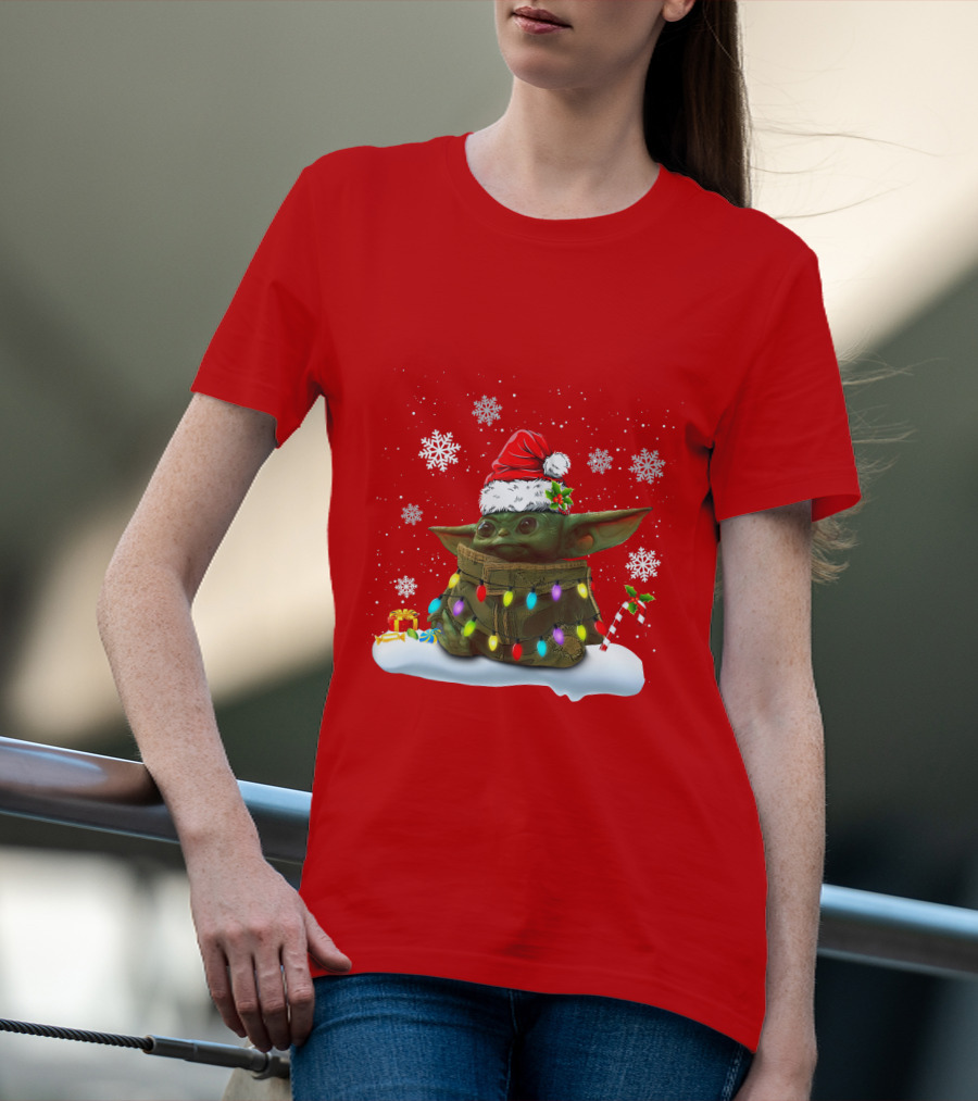 Santa Baby Yoda Christmas Lights Snowflakes Candy Cane Holiday Scene T-Shirt