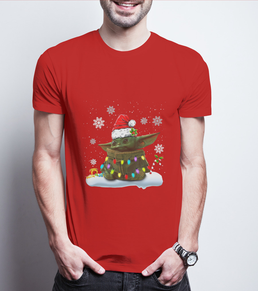 Santa Baby Yoda Christmas Lights Snowflakes Candy Cane Holiday Scene T-Shirt