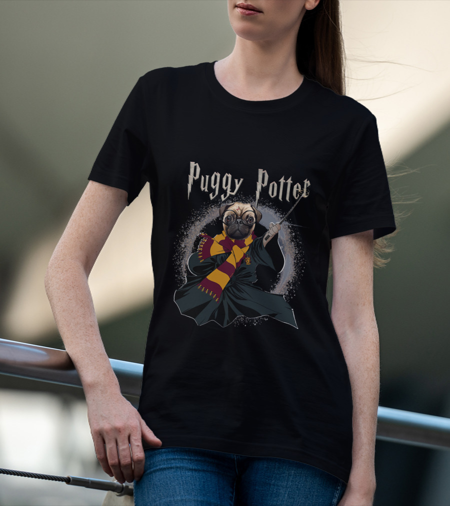 Puggy Potter Magic Wizard With Scarf And Wand T-Shirt
