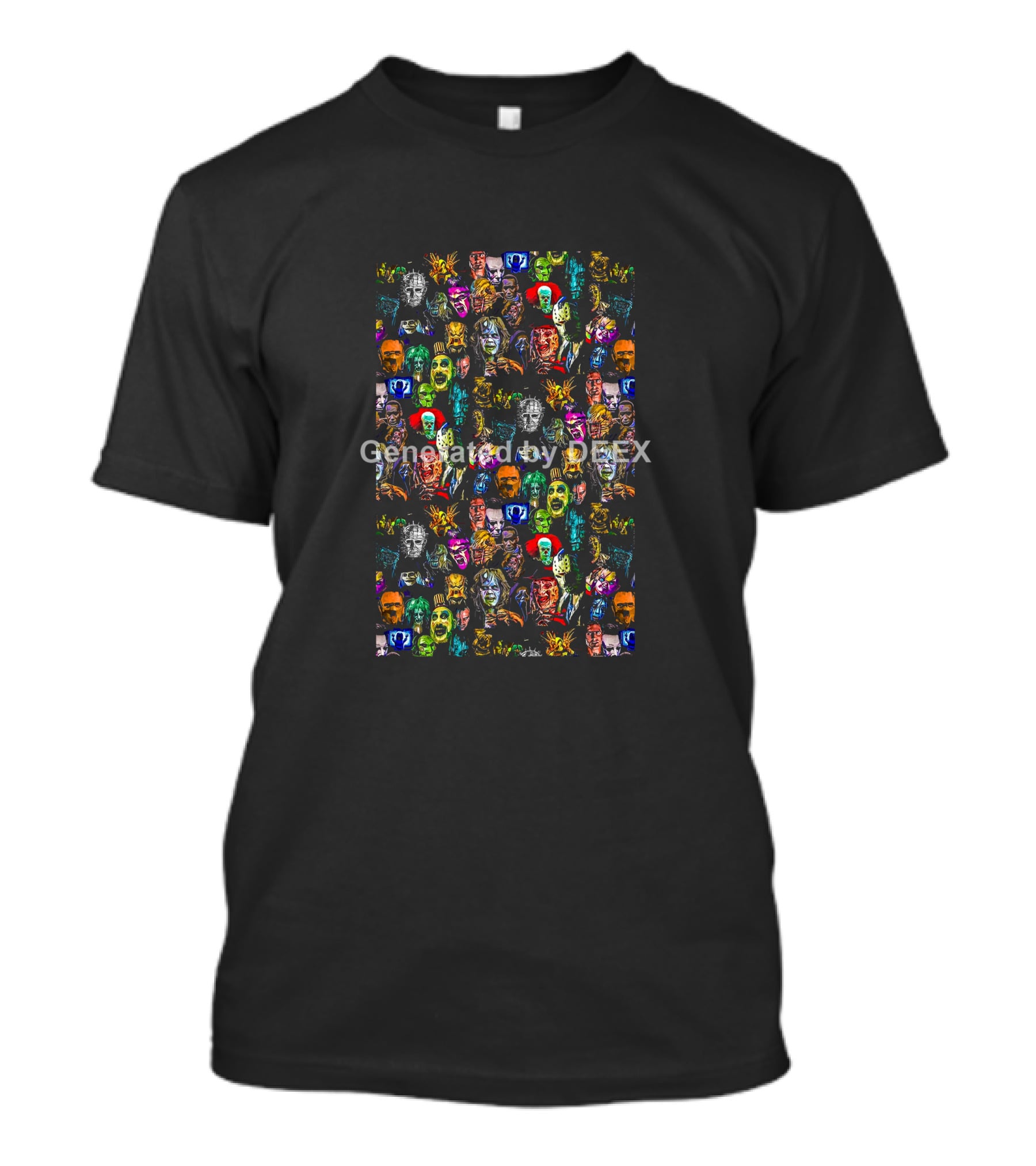Horror Movie Character Faces Collage Multicolor T-Shirt