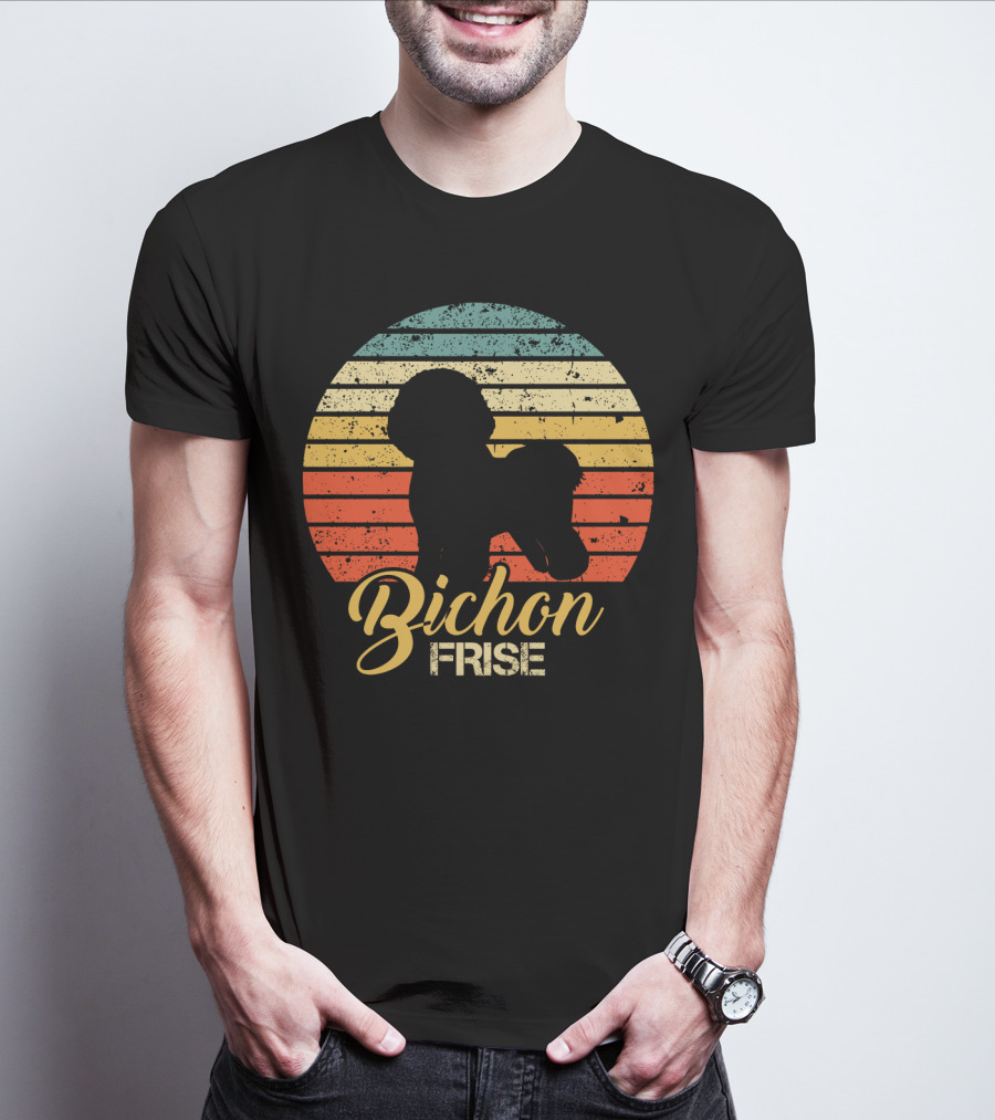 Retro Sunset Silhouette Bichon Frise Stripes T-Shirt