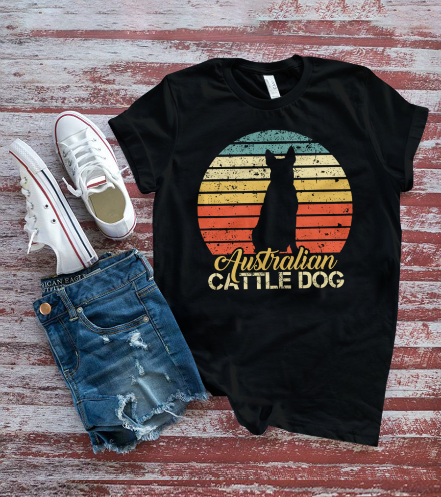Retro Australian Cattle Dog Silhouette With Vintage Striped Sunset T-Shirt