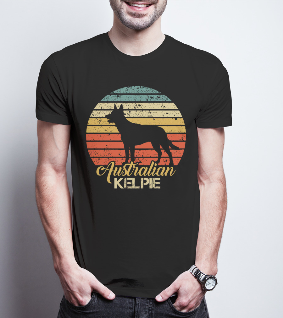 Retro Australian Kelpie Silhouette With Vintage Stripes T-Shirt