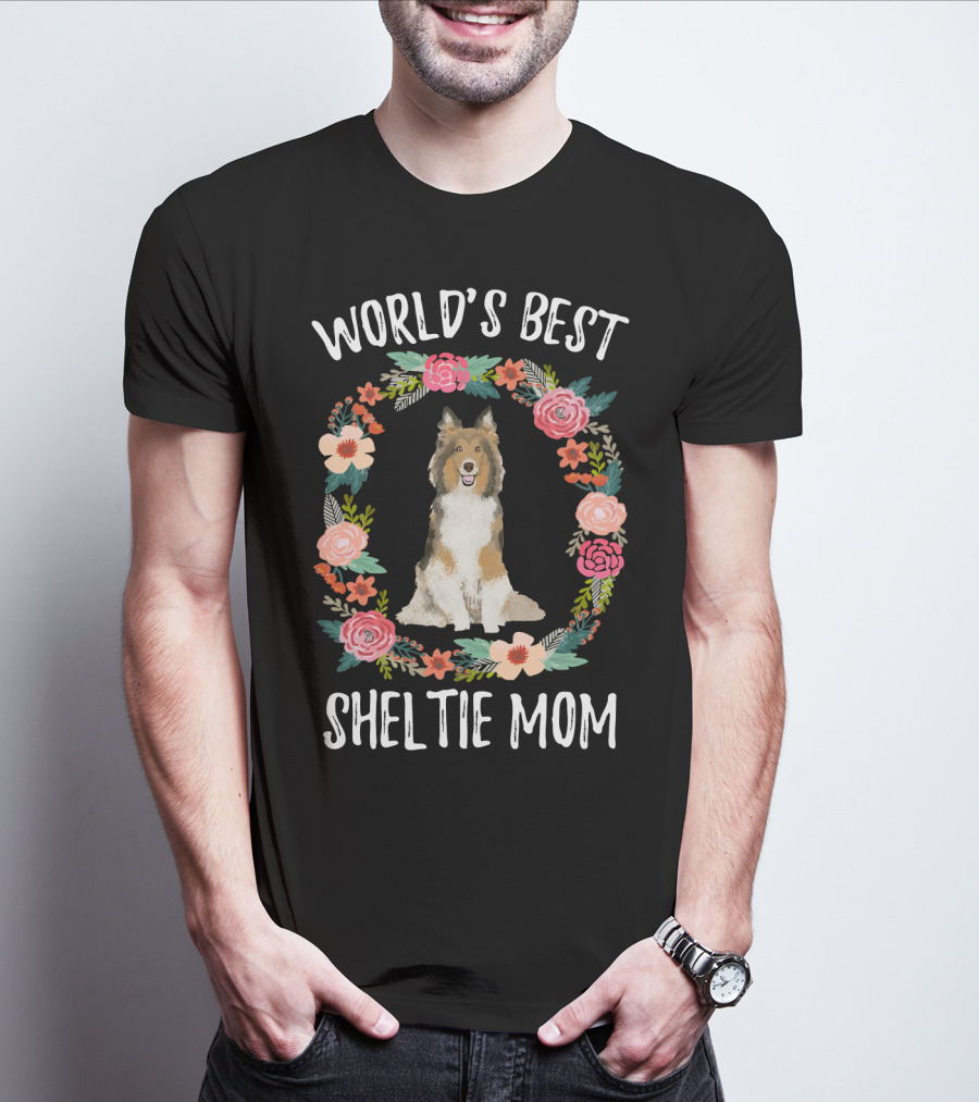 World's Best Sheltie Mom Floral Wreath T-Shirt