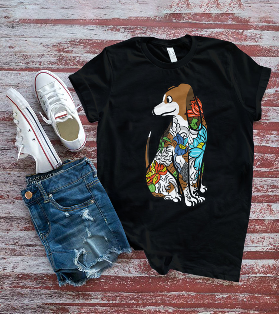 Basset Hound Tattoo Floral Art Design With Vibrant Colors T-Shirt