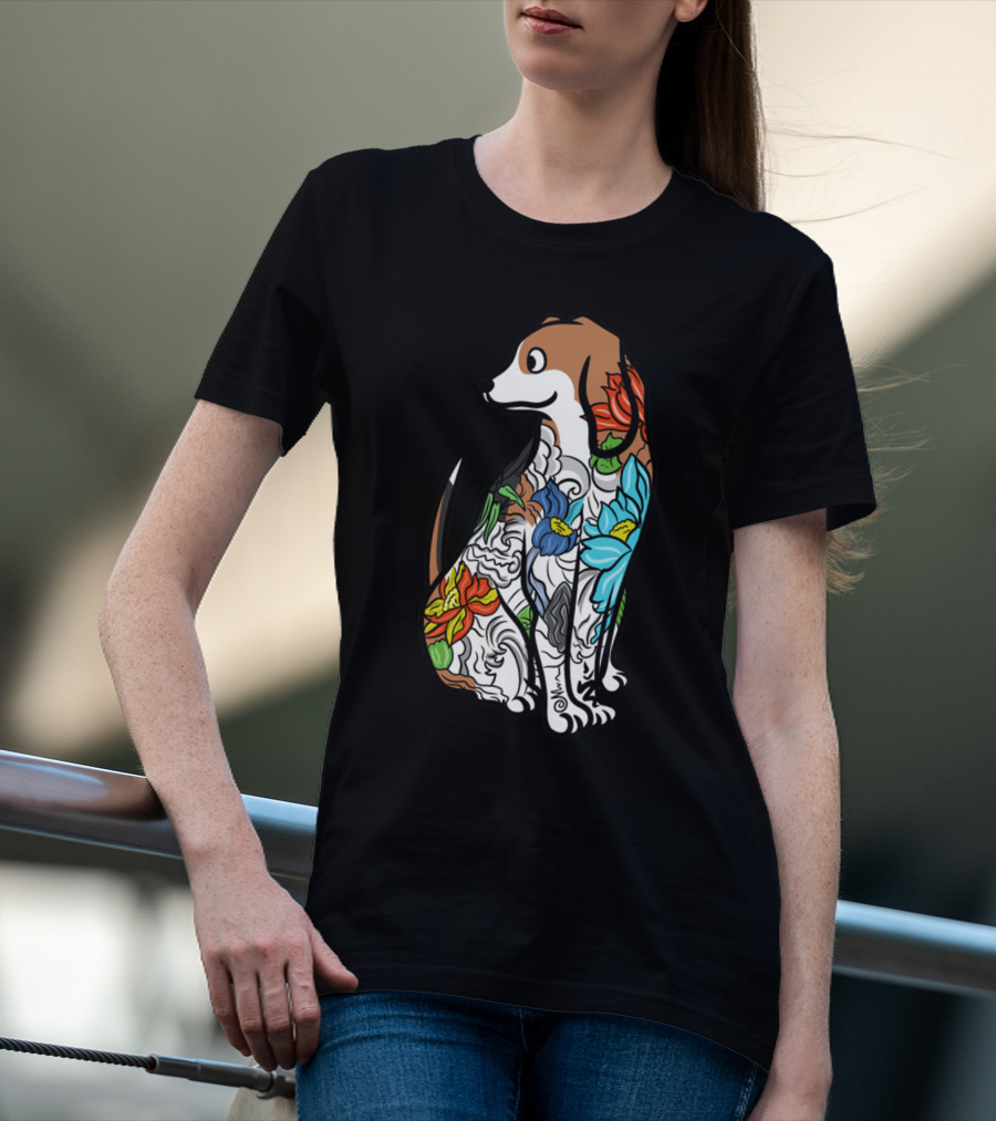 Beagle With Vibrant Floral Tattoo T-Shirt