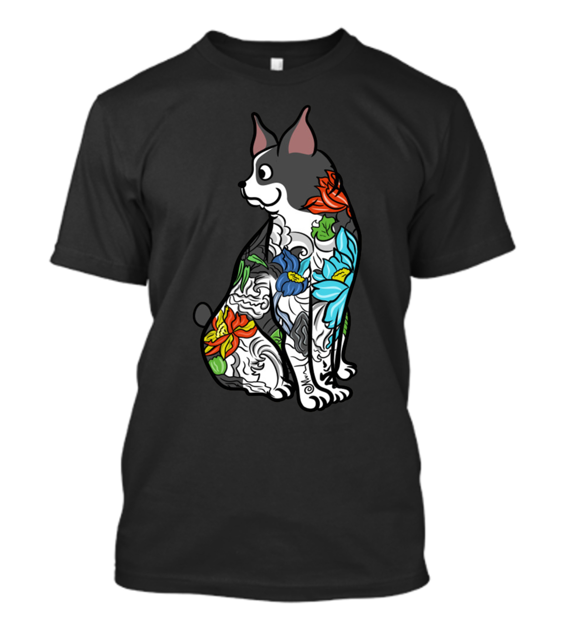 Boston Terrier With Colorful Floral Tattoo T-Shirt