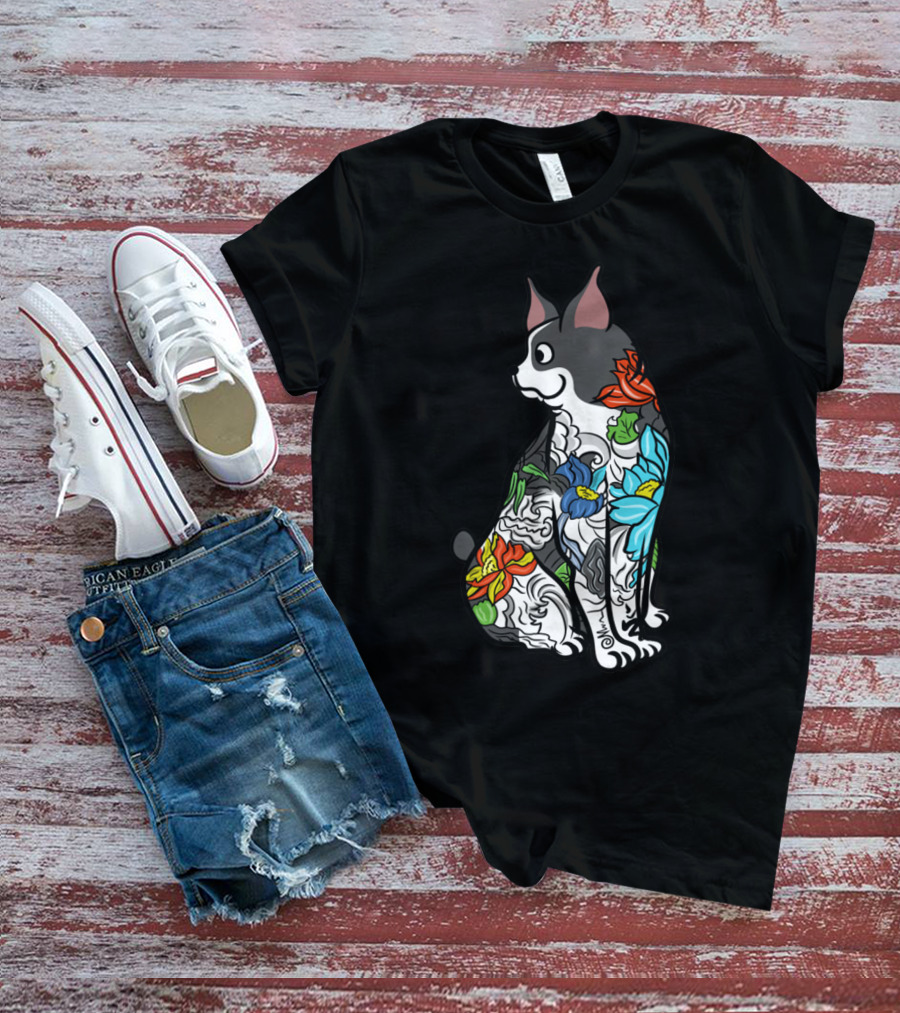 Boston Terrier With Colorful Floral Tattoo T-Shirt