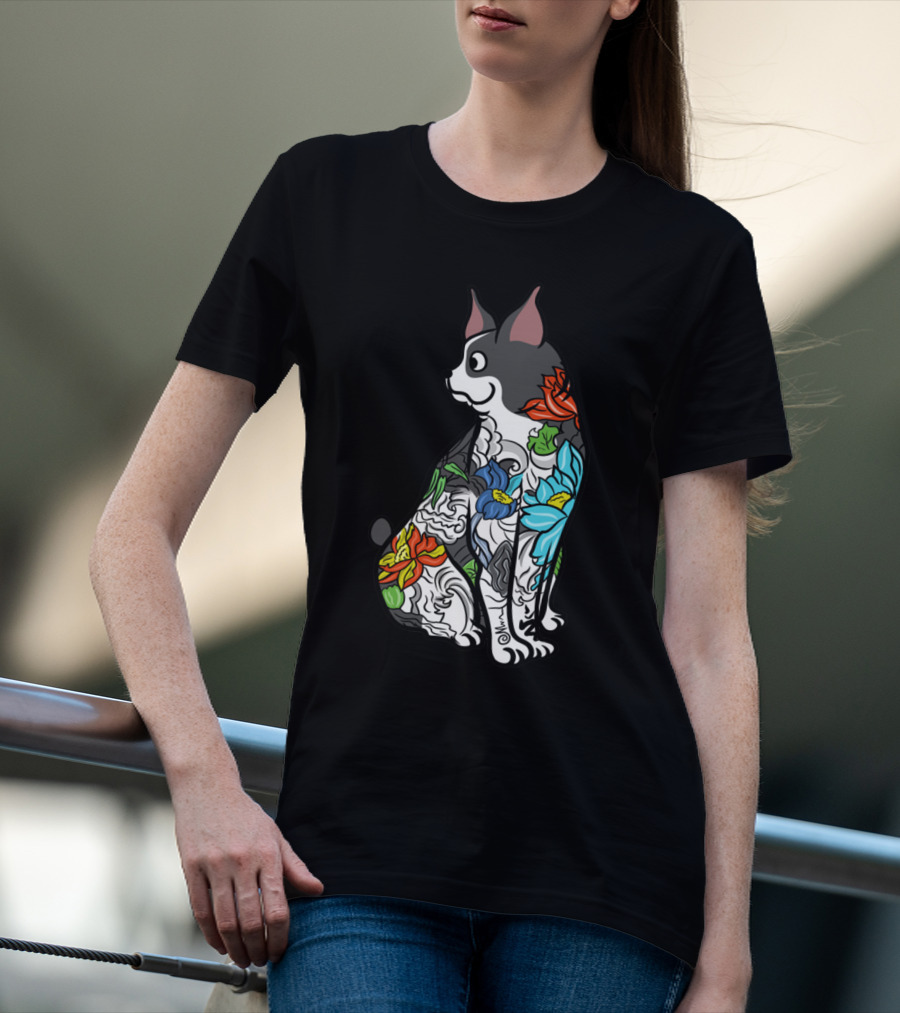 Boston Terrier With Colorful Floral Tattoo T-Shirt