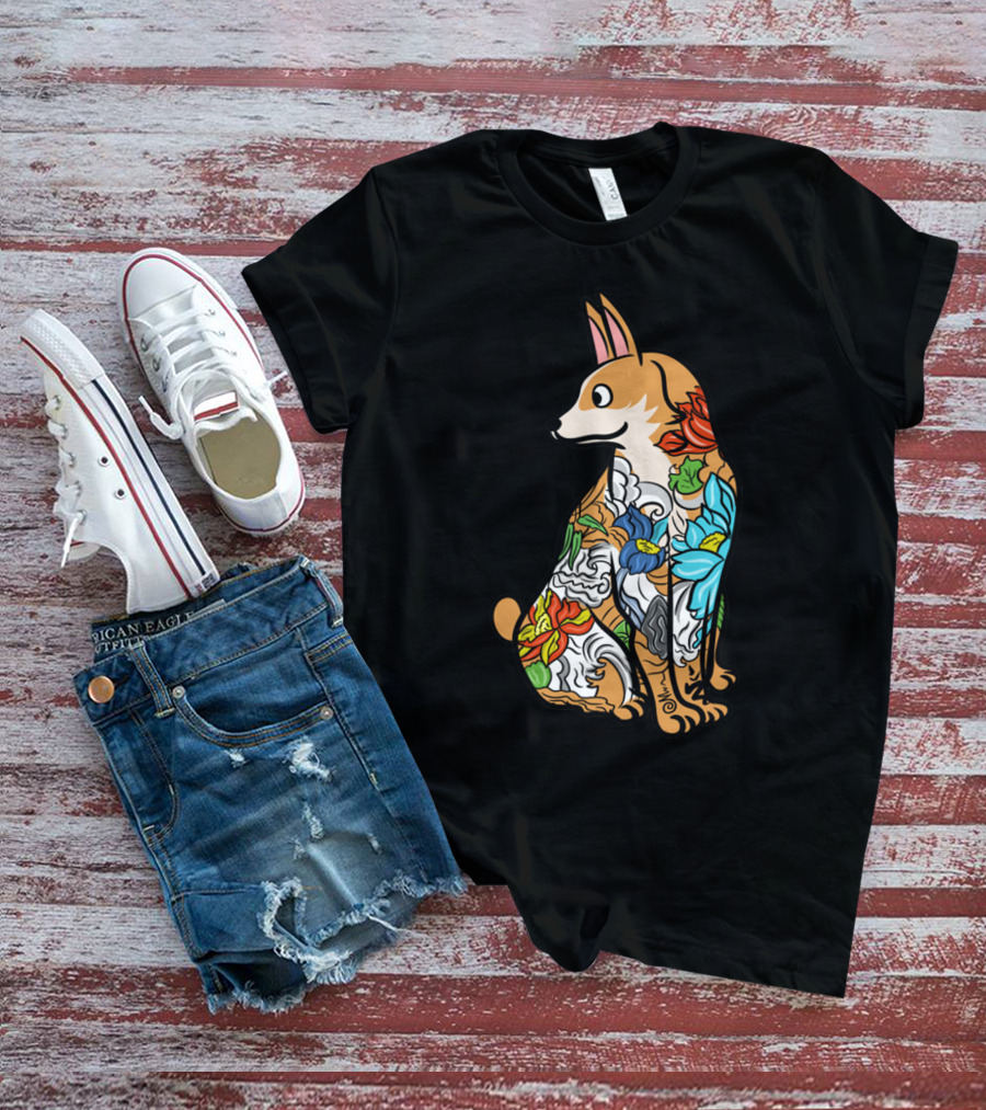Corgi With Colorful Floral Tattoo T-Shirt