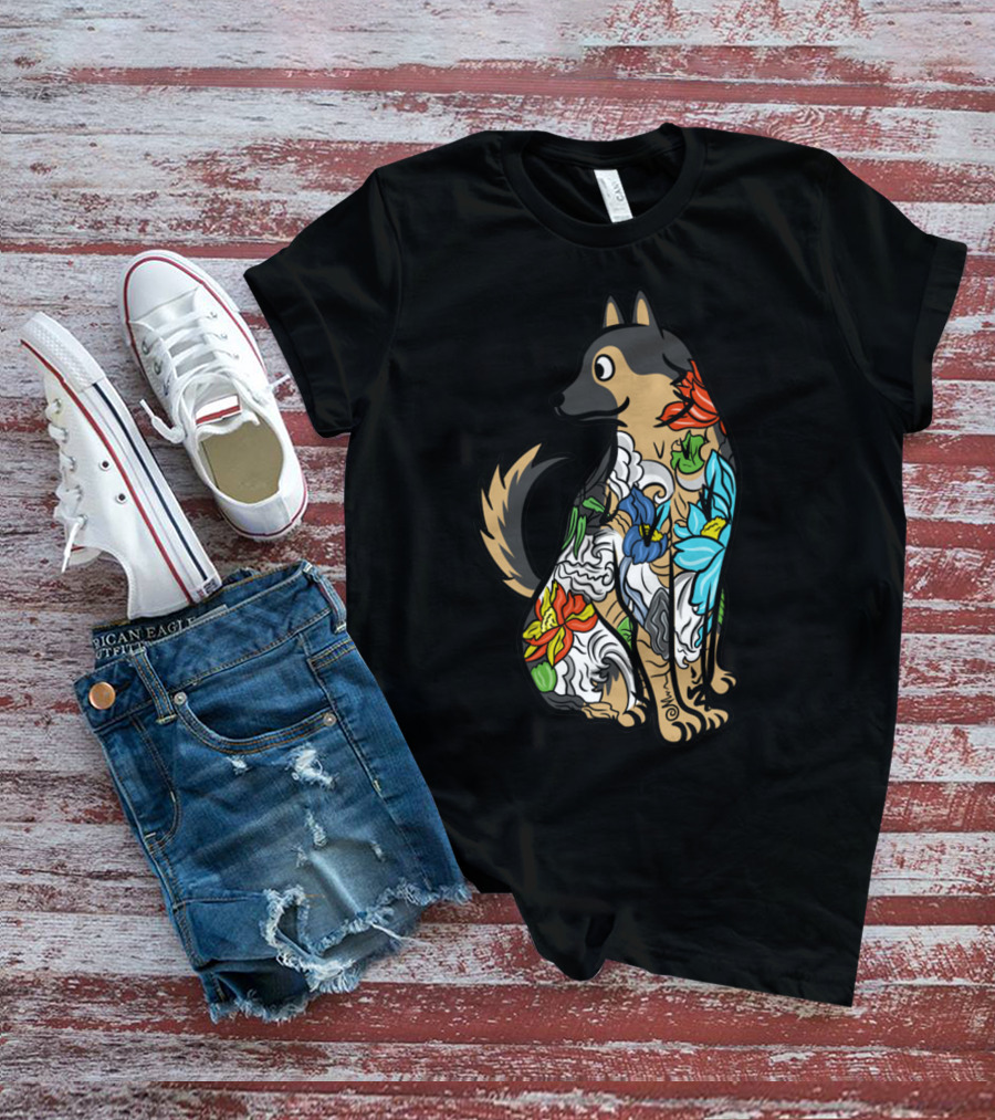 German Shepherd Vibrant Floral Tattoo T-Shirt