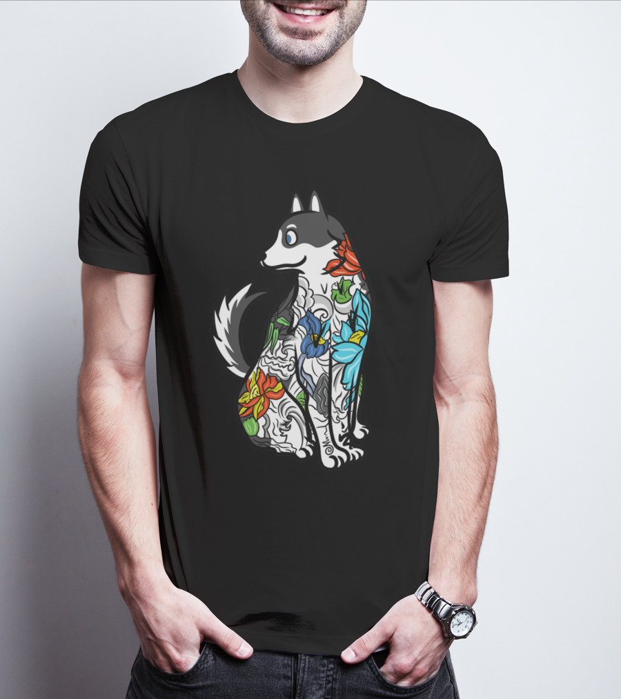 Husky Tattoo Floral Art Pattern In Black And Multicolor T-Shirt