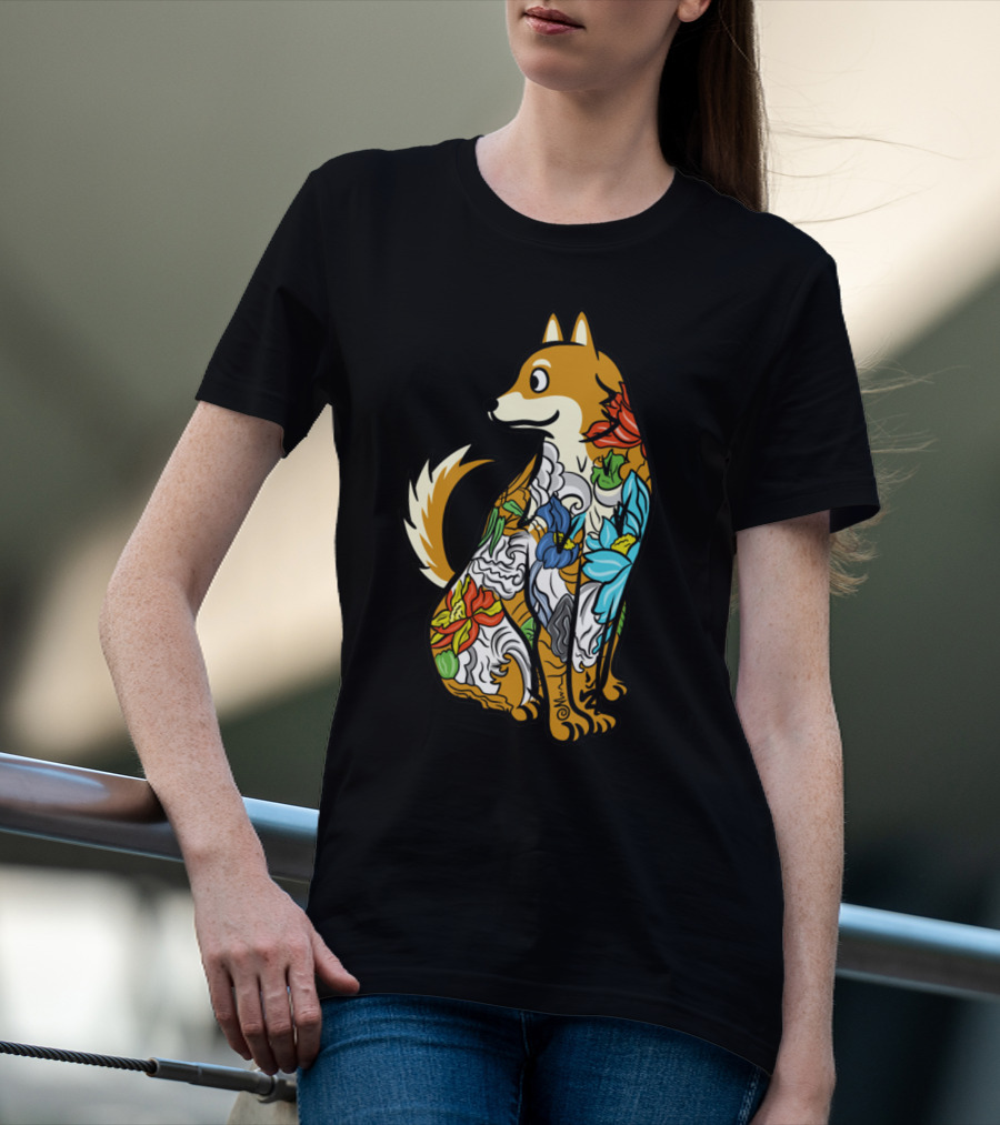 SHIBA INU TATTOO COLORFUL FLORAL T-Shirt