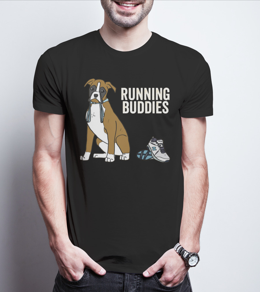 Boxer With Shoe And Running Buddies Text T-Shirt