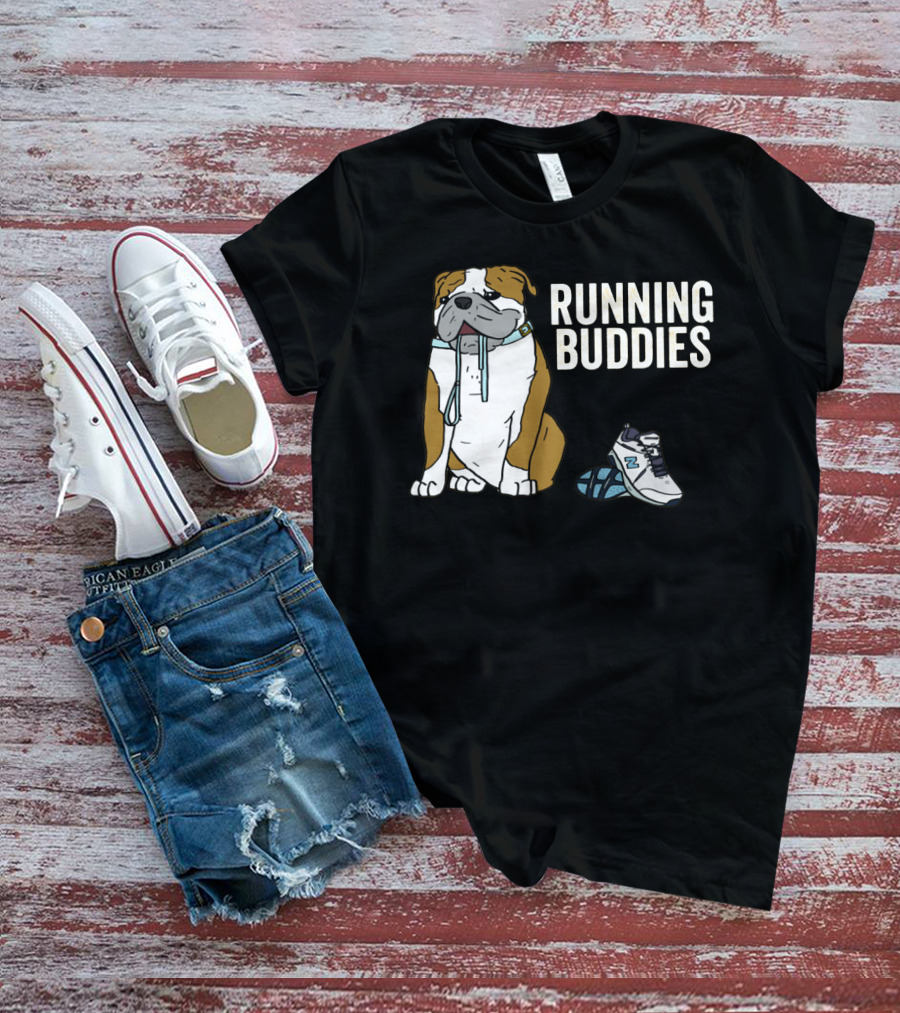 Bulldog And Sneakers Running Buddies With Leash And Shoe Companion T-Shirt