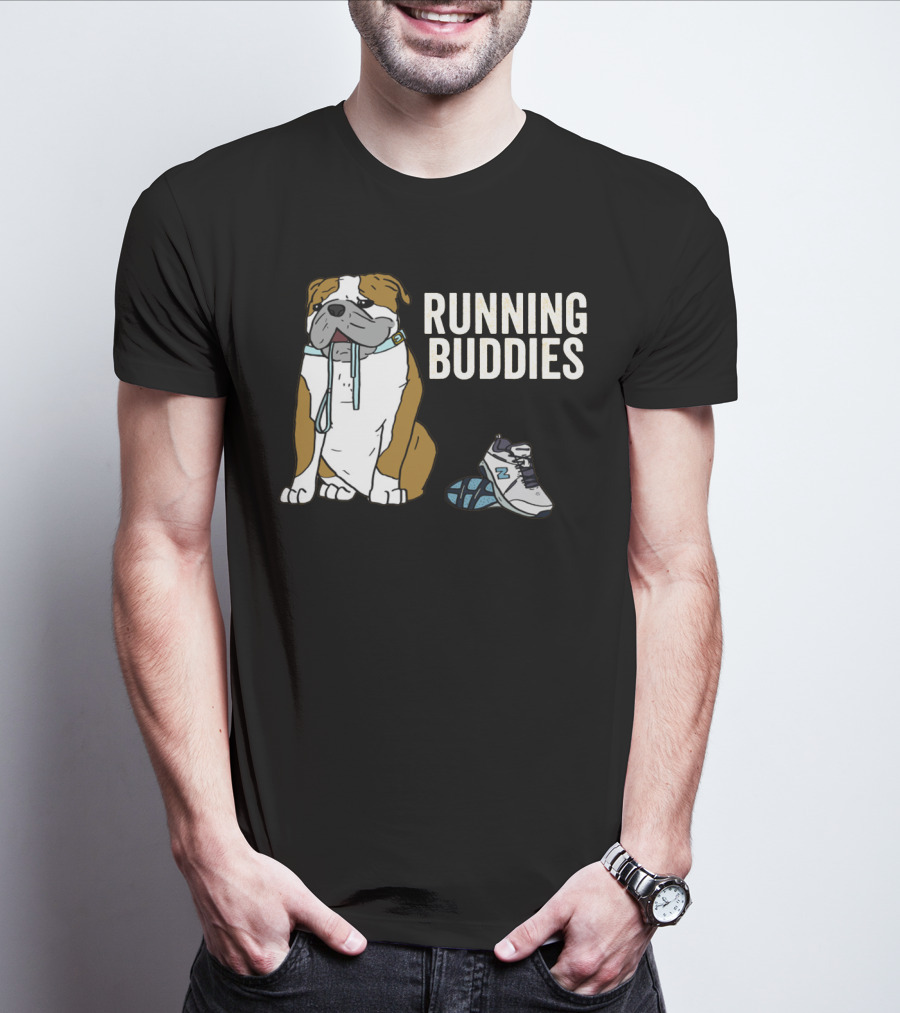 Bulldog And Sneakers Running Buddies With Leash And Shoe Companion T-Shirt