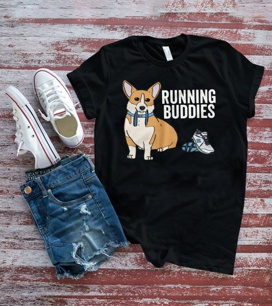 Corgi Running Buddies With Sneakers And Blue Collar T-Shirt