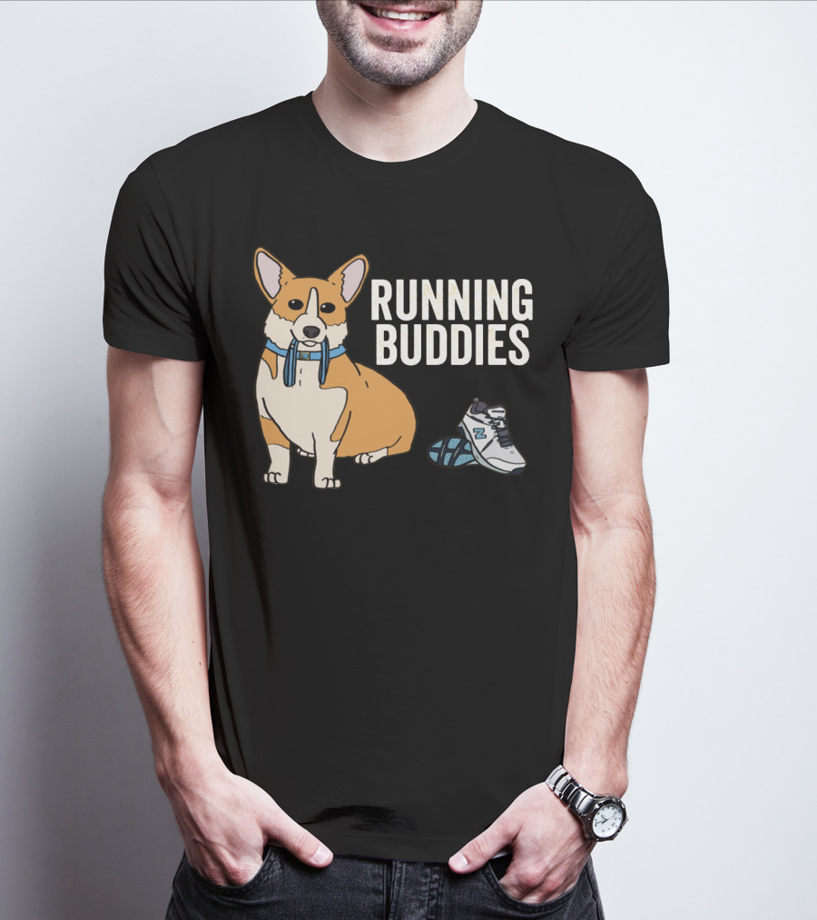 Corgi Running Buddies With Sneakers And Blue Collar T-Shirt