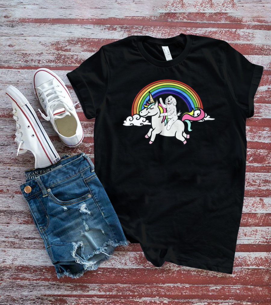 BICHON FRISE RIDING UNICORN WITH RAINBOW BACKGROUND AND FLUFFY CLOUDS T-Shirt