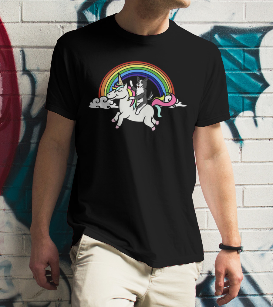BORDER COLLIE RIDING UNICORN WITH COLORFUL RAINBOW T-Shirt