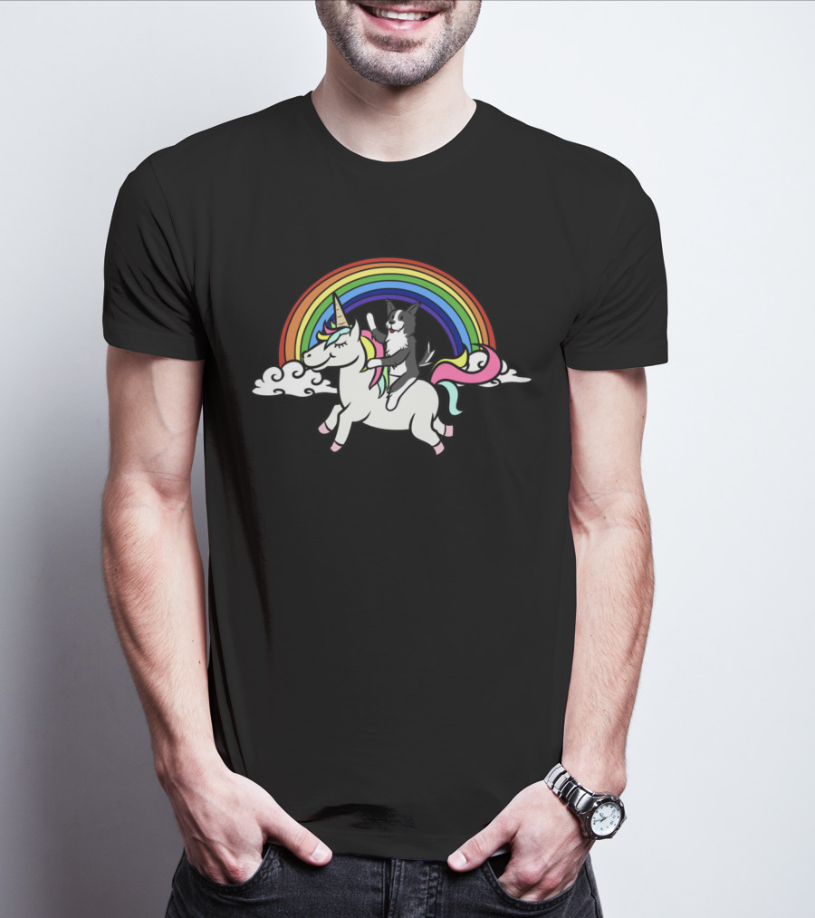 BORDER COLLIE RIDING UNICORN WITH COLORFUL RAINBOW T-Shirt