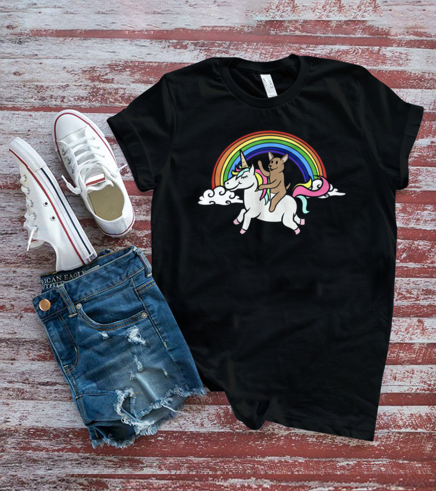 Chihuahua Joyfully Riding Unicorn Under Vibrant Rainbow T-Shirt