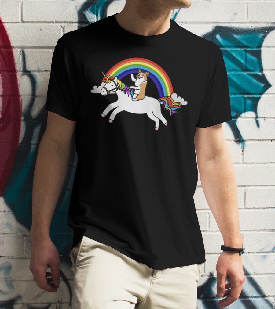 Corgi Riding Unicorn With Rainbow Arch And Cloud Elements T-Shirt