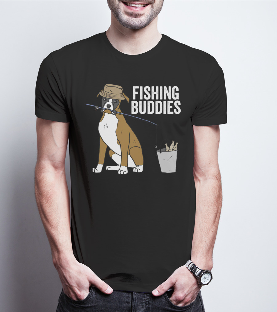 Boxer Dog Fishing Buddies Cartoon With Hat And Fishing Rod T-Shirt
