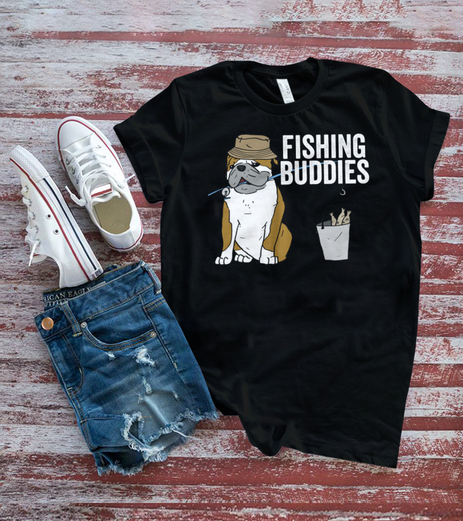 Bulldog Wearing Hat With Fishing Hook And Bucket - Fun Fishing Buddies T-Shirt