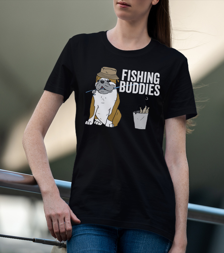 Bulldog Wearing Hat With Fishing Hook And Bucket - Fun Fishing Buddies T-Shirt