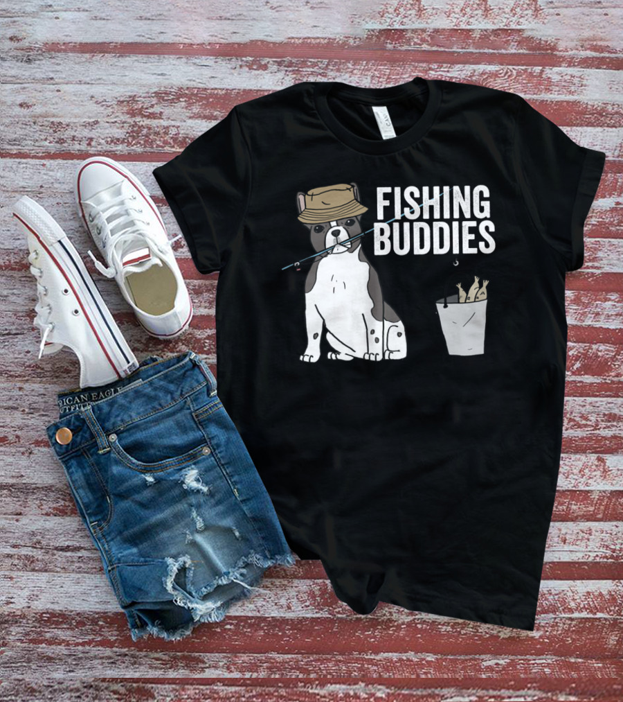 French Bulldog Fishing Buddies With Hat And Fish Bucket T-Shirt