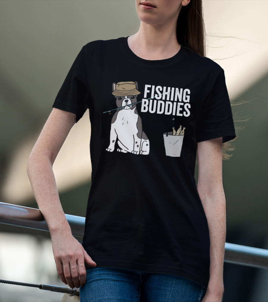 French Bulldog Fishing Buddies With Hat And Fish Bucket T-Shirt