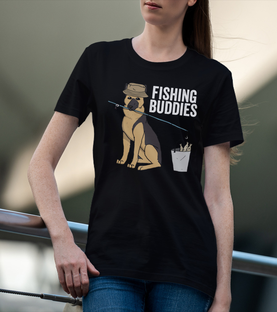 Fishing Buddies German Shepherd Bucket And Fishing Rod T-Shirt