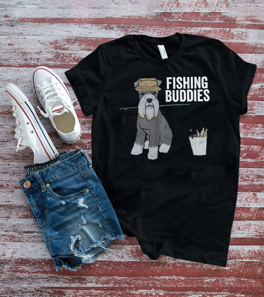 Schnauzer Dog Wearing Fishing Hat With Rod And Bucket - Fishing Buddies T-Shirt