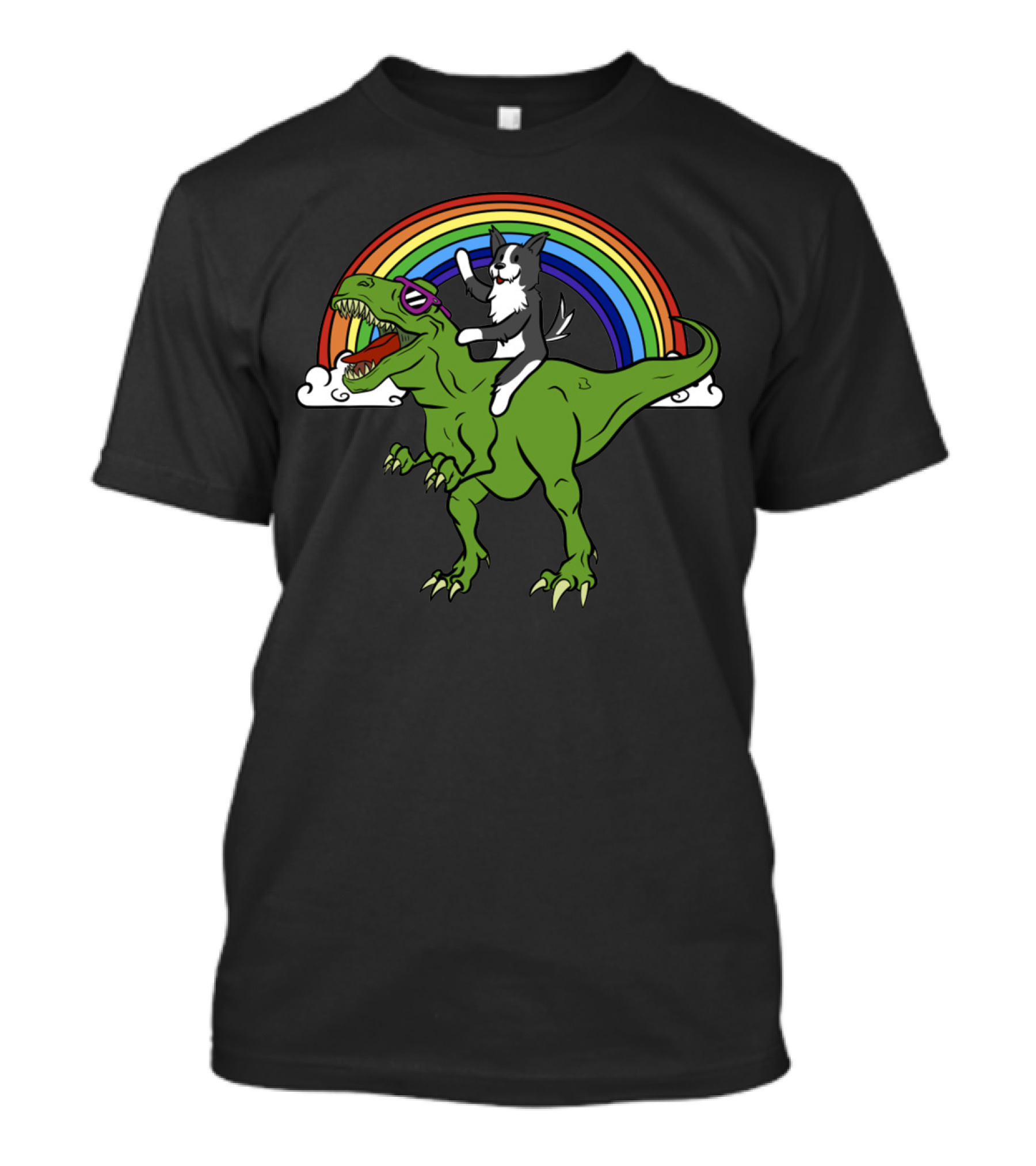 Border Collie Riding T-Rex With Rainbow T-Shirt