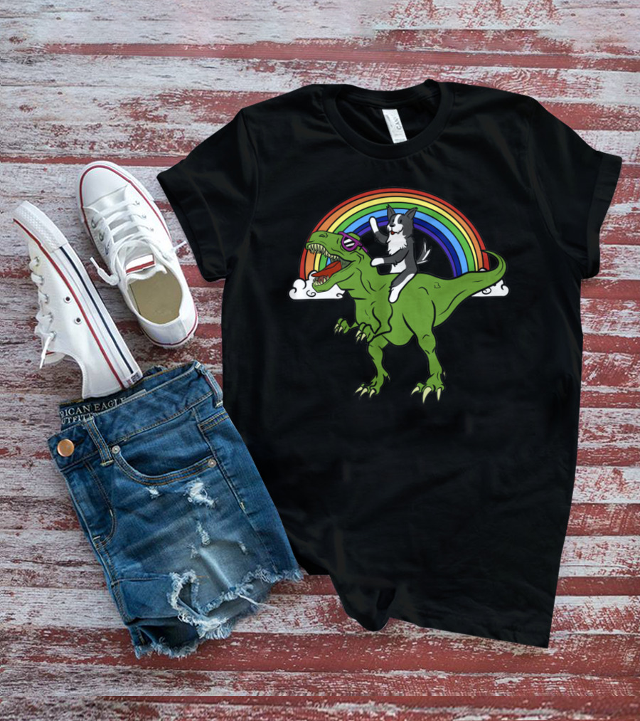 Border Collie Riding T-Rex With Rainbow T-Shirt