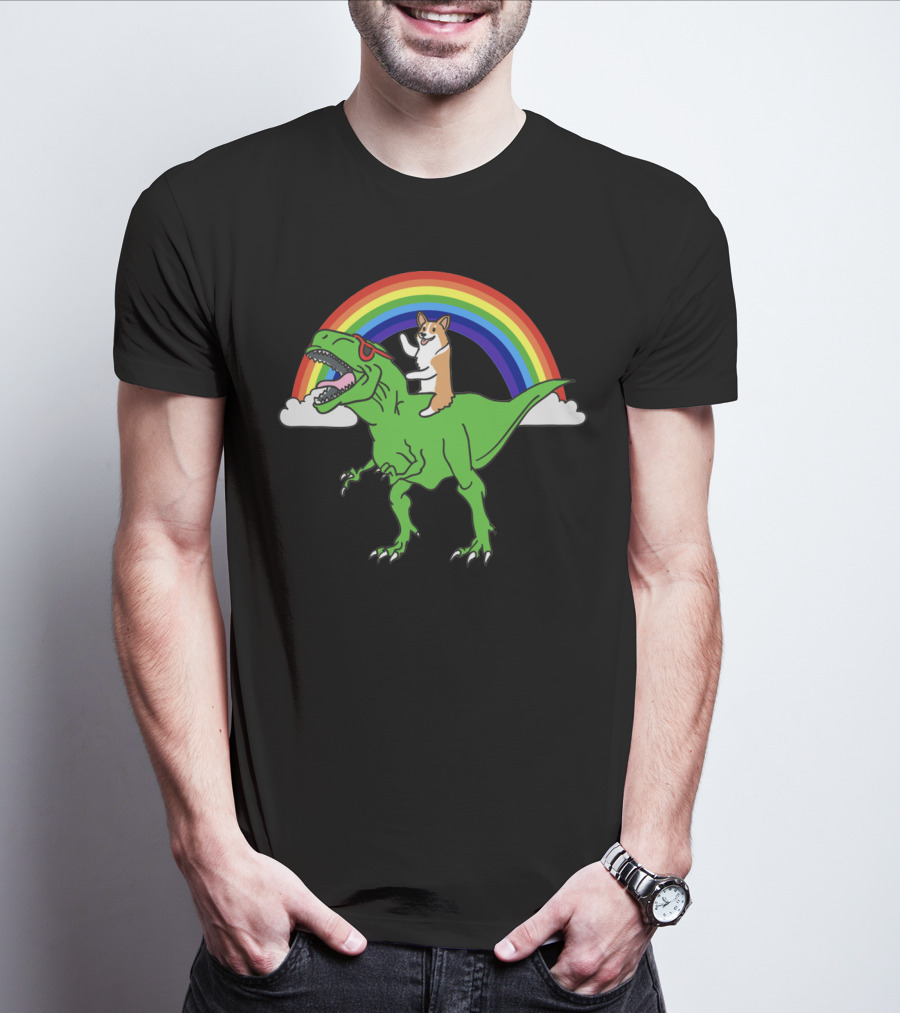 Corgi Dinosaur Riding T-Rex With Rainbow And Sunglasses T-Shirt