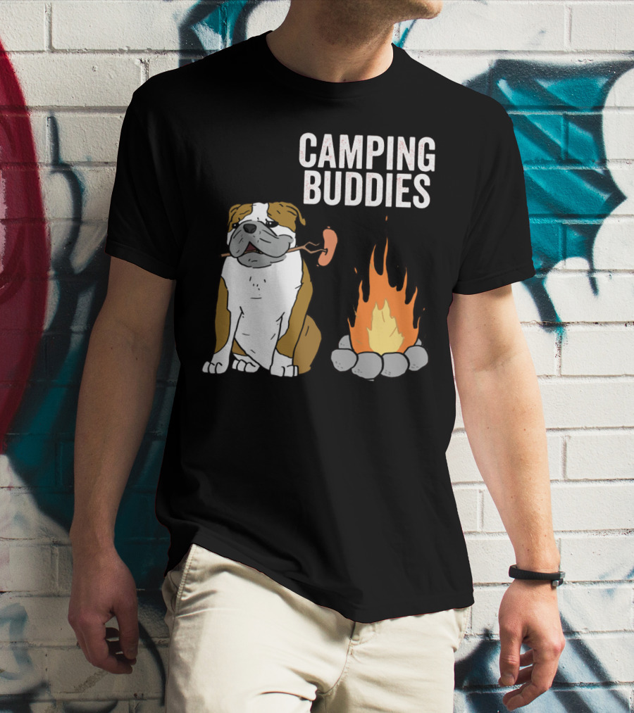 Bulldog Enjoying Campfire With Sausage And Camping Buddies T-Shirt