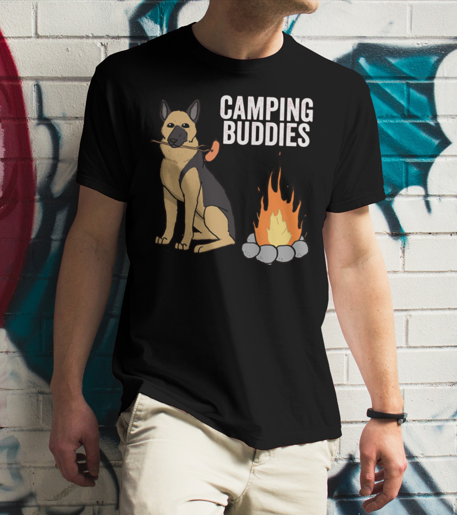 Camping Buddies German Shepherd Roasting By Campfire T-Shirt