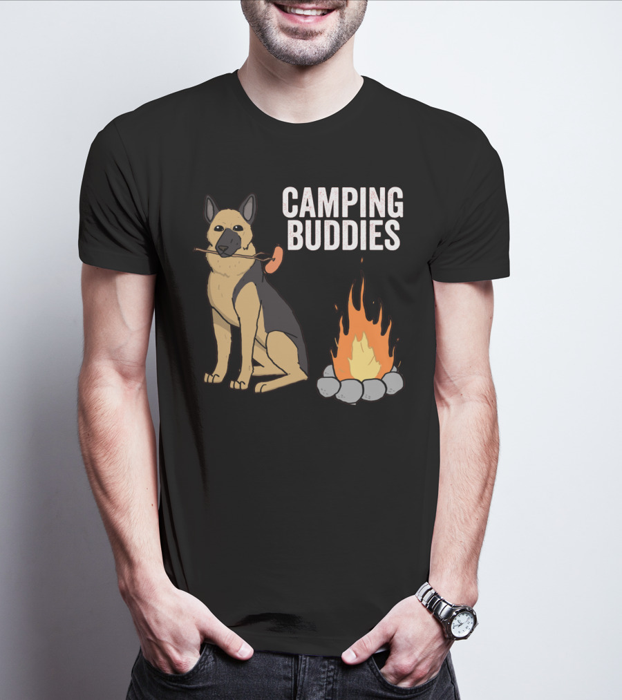 Camping Buddies German Shepherd Roasting By Campfire T-Shirt