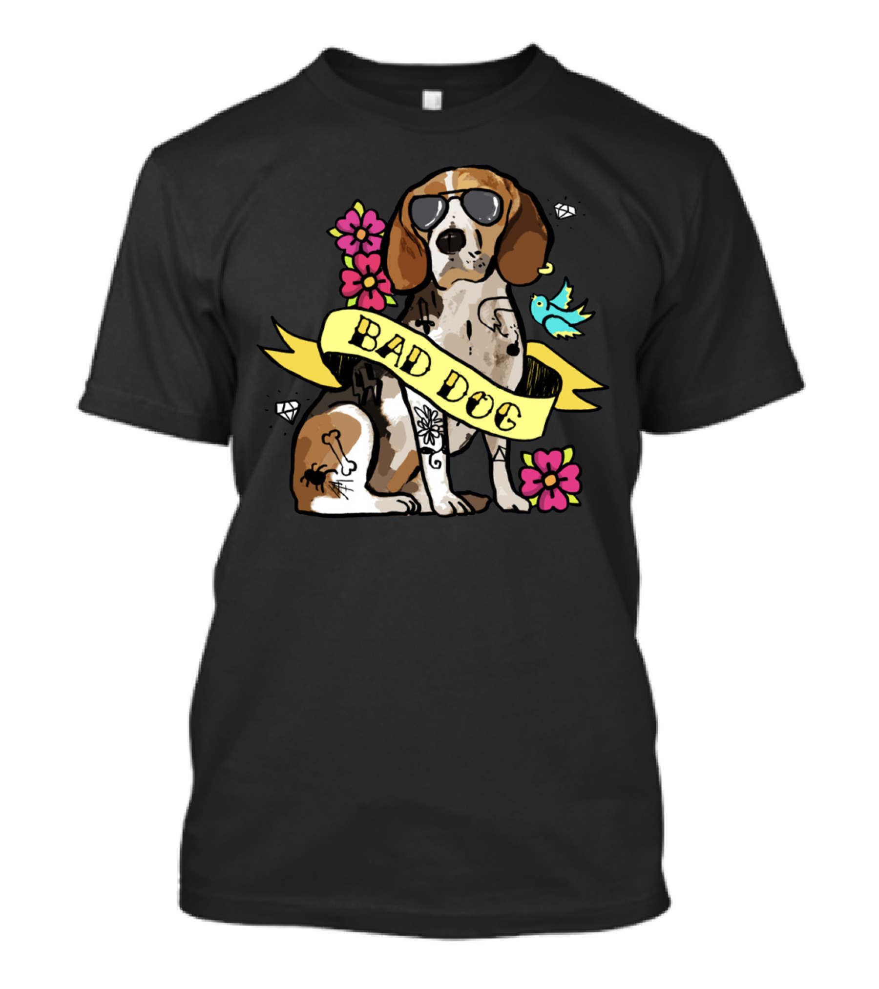 BAD DOG BEAGLE WITH SUNGLASSES AND TATTOOS SURROUNDED BY FLOWERS AND BIRD T-Shirt