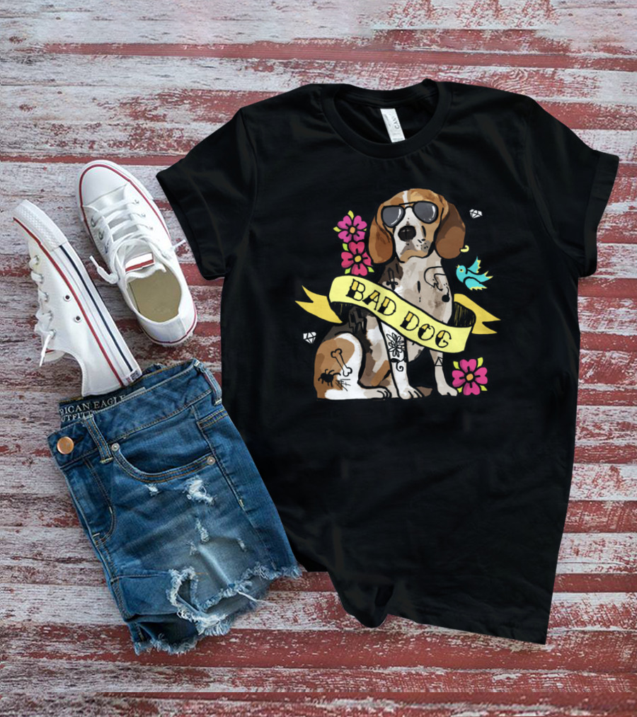 BAD DOG BEAGLE WITH SUNGLASSES AND TATTOOS SURROUNDED BY FLOWERS AND BIRD T-Shirt
