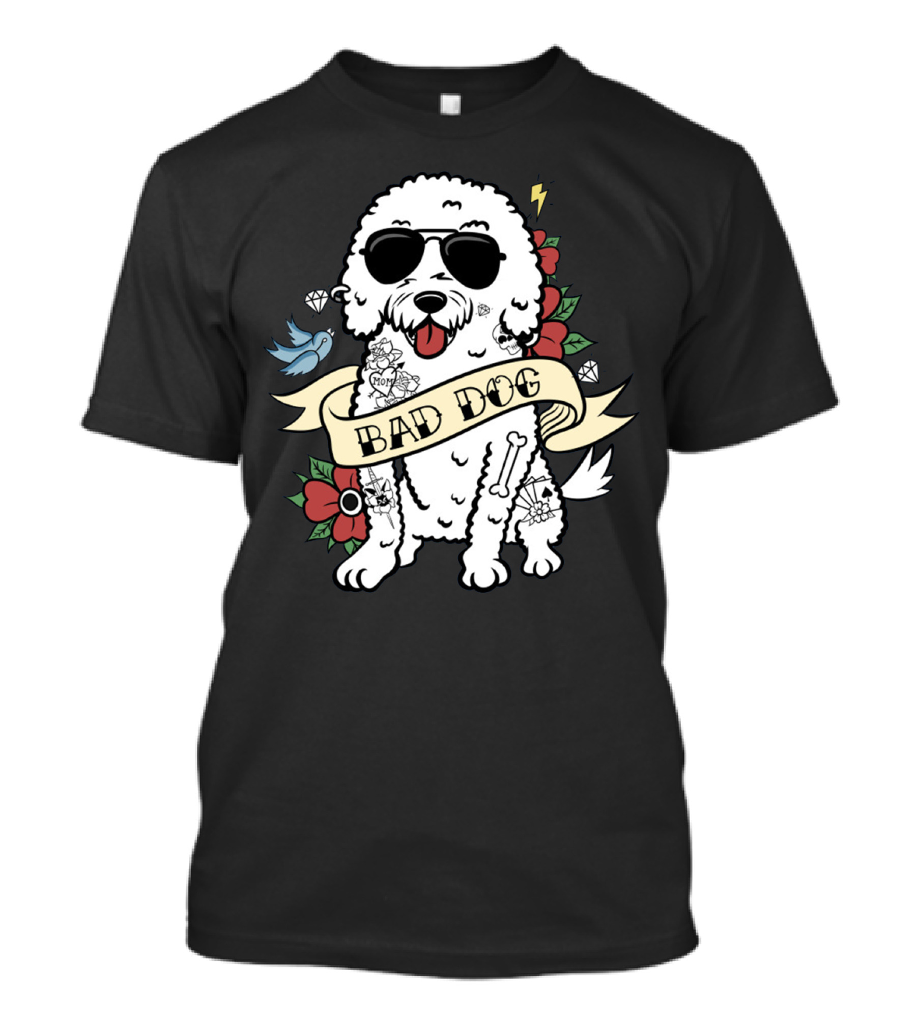 Bichon Frise Bad Dog With Sunglasses Tattoo And Flowers T-Shirt