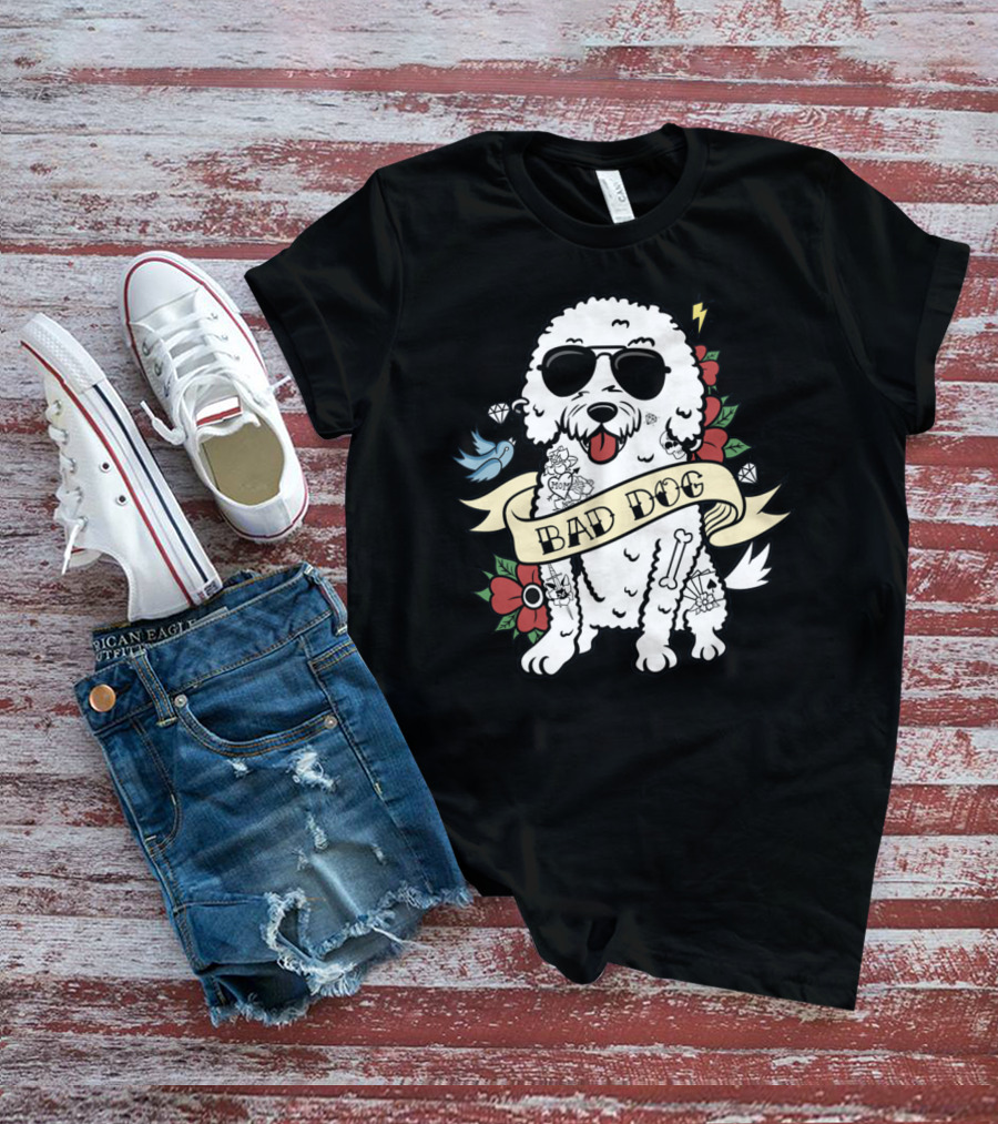 Bichon Frise Bad Dog With Sunglasses Tattoo And Flowers T-Shirt