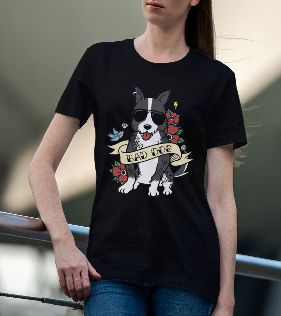 BORDER COLLIE BAD DOG TATTOO STYLE WITH SUNGLASSES AND FLOWERS T-Shirt