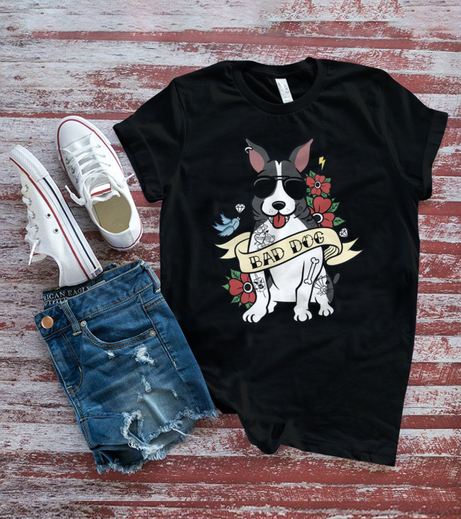 BAD DOG BOSTON TERRIER WITH TATTOOS AND SUNGLASSES FLORAL AND LIGHTNING T-Shirt